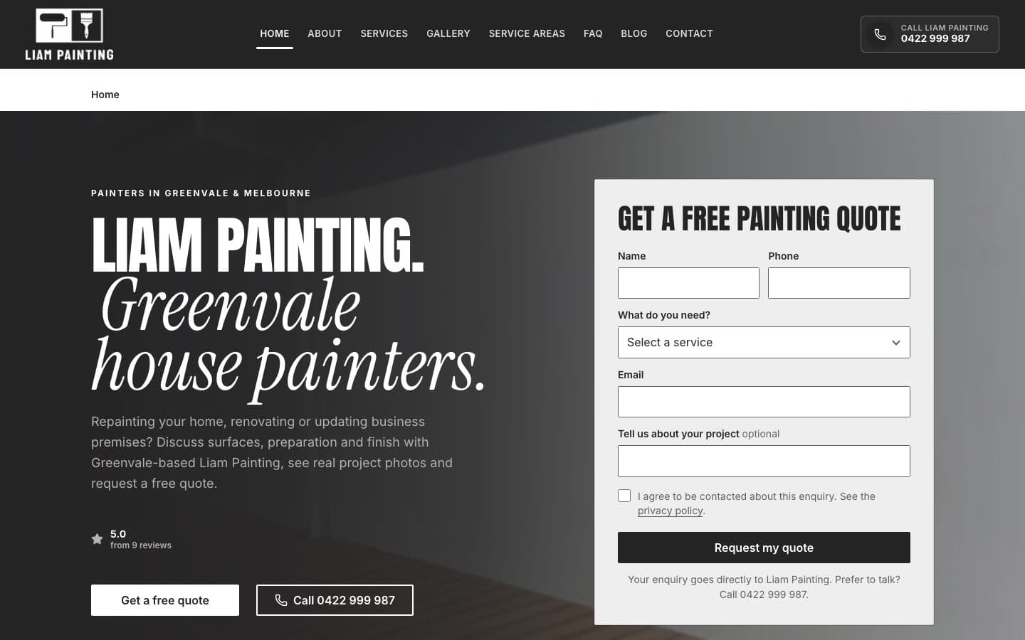 Liam Painting website hero screenshot
