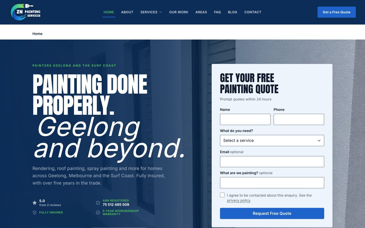 ZN Painting Services website hero screenshot